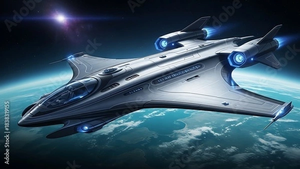 Fototapeta Futuristic Spaceship Flying Above Earth with Glowing Engines.