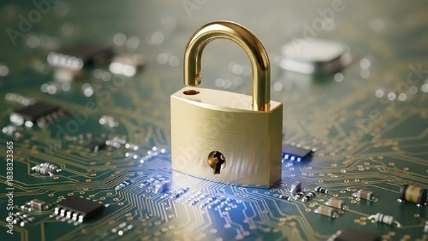 Fototapeta Golden Padlock Securing a Computer Circuit Board, Cybersecurity Concept.