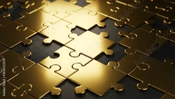 Fototapeta Golden Puzzle Pieces - A Symbol of Connection and Problem Solving.