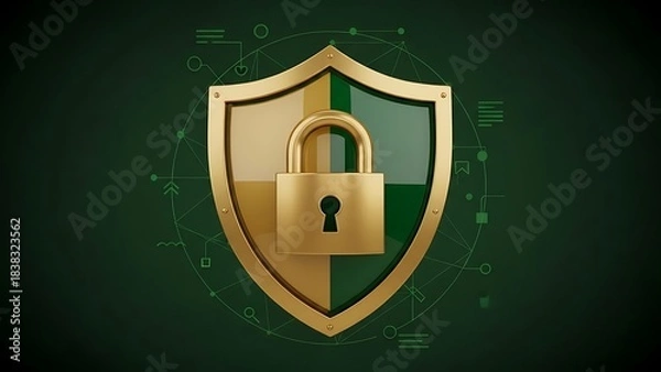 Fototapeta Golden Shield and Padlock - Digital Security and Protection Concept.