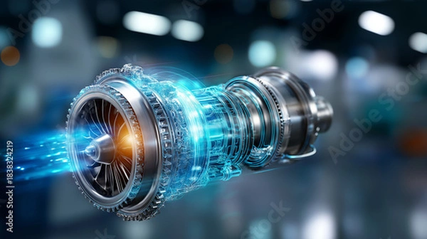 Obraz Dynamic jet engine component showcase, advanced technology lab digital rendering, high-tech environment closeup view, innovative engineering concept, aerospace manufacturing visual