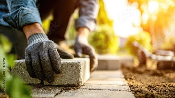Obraz A worker lays paving stones on a garden path