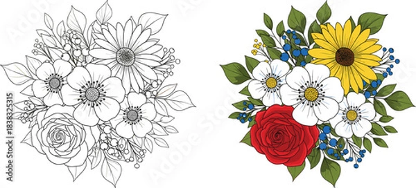 Obraz Detailed Floral Bouquet Vector with Rose, Daisy, Sunflower, and Berries: Outline and Color