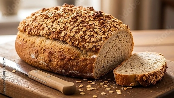 Fototapeta Hearty Oat Bread Loaf with Slice on Wooden Cutting Board.