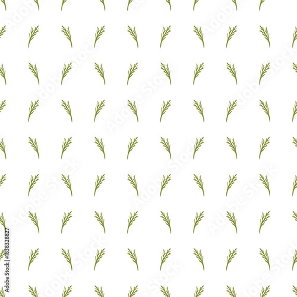 Obraz Seamless pattern with small green botanical sprigs arranged in a clean repeating layout on a white background. Ideal for textiles, packaging, wallpaper, and decor.