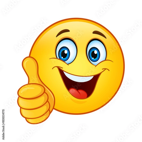 Obraz Smiling yellow emoji face giving a thumbs up gesture, 3D Vector graphic for approval or success concept.