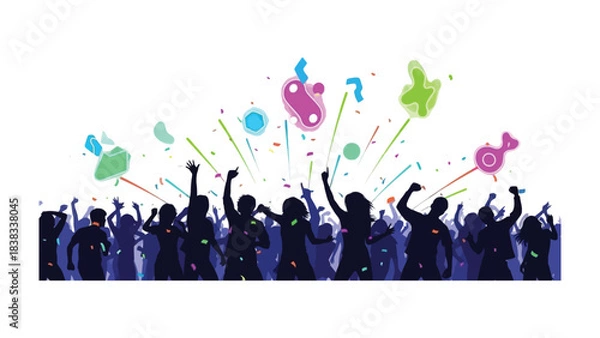 Fototapeta Celebration Silhouette: A vibrant illustration capturing the energy and excitement of a crowd celebrating, with colorful confetti and dynamic silhouettes of people.