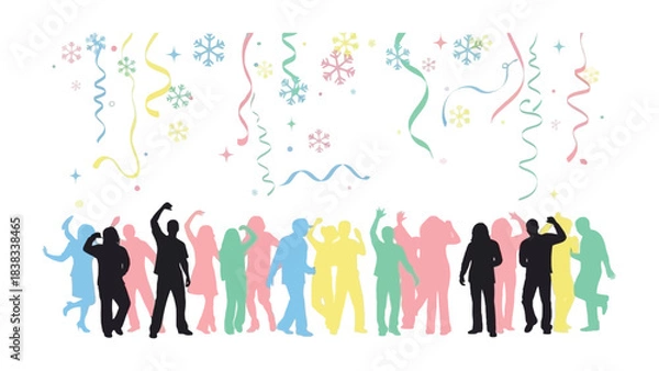 Fototapeta Celebration Silhouette: A vibrant silhouette of diverse individuals celebrating, amidst falling confetti. Capturing the spirit of joy and togetherness, perfect for themes of events and festivities. 