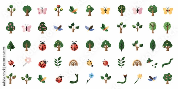 Obraz Colorful cartoon trees butterflies ladybugs flowers and other nature elements