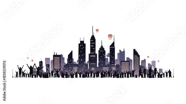 Fototapeta Skyline Spectacle: A vibrant cityscape silhouette captures the excitement of a dynamic urban celebration.