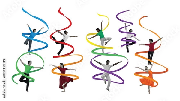Fototapeta Dancing Ribbons of Color: A kaleidoscope of motion, where dancers gracefully twirl, each connected to a ribbon of vibrant hue, creating a mesmerizing display of movement and coordination.