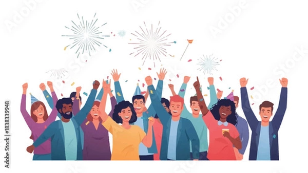 Fototapeta Celebration of joy: A jubilant crowd of individuals celebrate with raised arms, capturing the essence of togetherness, the joy of the party atmosphere with colorful confetti and fireworks.