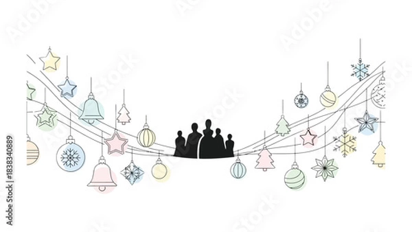 Fototapeta Holiday Silhouette: A festive holiday illustration of a family silhouette is surrounded by delicate, colorful ornaments, stars, bells, and snowflakes hanging from a delicate line.