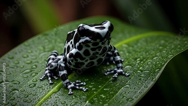 Fototapeta Striking black white blue poison dart frog on a wet green leaf rainforest wildlife