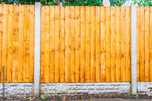 Fototapeta Brand new fence panels flat view, boundary fencing with concrete posts