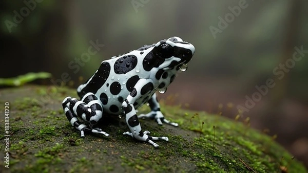 Fototapeta Striking black and white poison dart frog on mossy rock