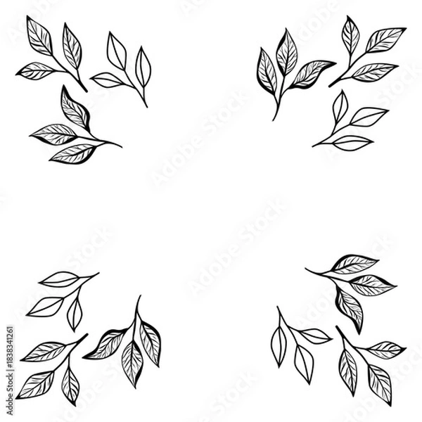 Obraz Minimalist line art of coffee and tea leaf branches in corners. Perfect for cafe logo, packaging, invitations, menu, and modern branding design.
