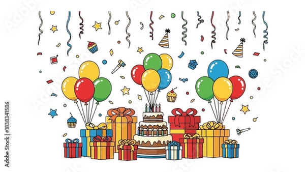 Fototapeta Celebration Extravaganza: A vibrant scene unfolds, celebrating a special occasion with an array of gifts, cheerful balloons, a delightful cake, and festive confetti, embodying the essence of joy.