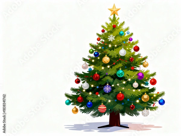 Fototapeta Festively decorated christmas tree with ornaments and lights