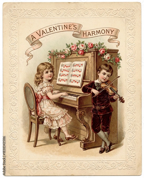 Fototapeta A vintage Valentine's Day card "A Valentine's Harmony". An old-fashioned boy and girl play piano and violin music together in a romantic illustration.