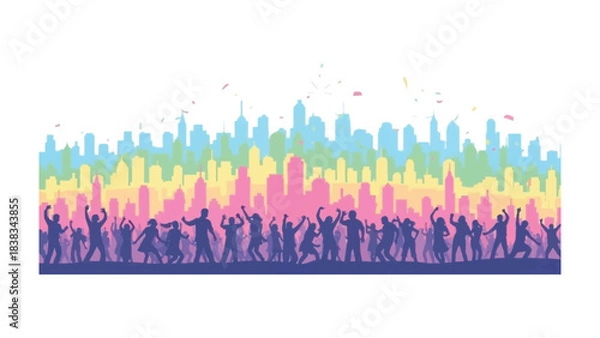 Fototapeta Colorful City Skyline Celebration: A vibrant, multi-hued skyline forms the backdrop to a silhouette of revelers dancing and celebrating, embodying the city's lively spirit and community.