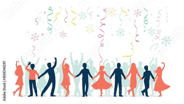 Fototapeta Celebration silhouettes: a joyful crowd gathers together, silhouettes of various shapes celebrate a memorable festive occasion. 