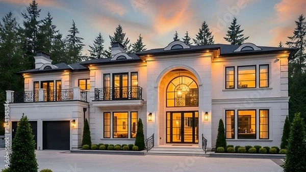 Fototapeta Luxurious modern mansion with arched entryway and illuminated windows at dusk