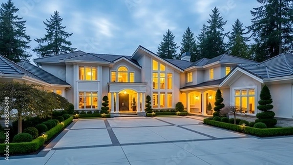 Fototapeta Luxurious modern mansion with manicured landscaping and warm interior lighting
