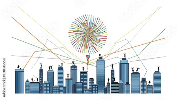 Fototapeta Urban Ascent: A stylized cityscape illustration, where figures on skyscraper tops reach toward a central burst of color and connecting lines that depict growth