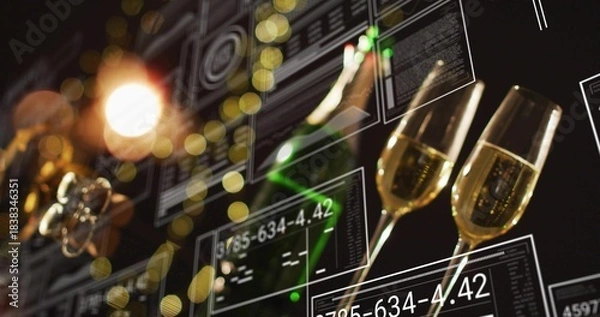 Obraz Showing two champagne flutes bubbling on right in party bar, green bottle, HUD readouts, copy space