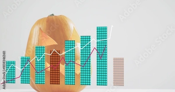 Obraz Showing carved pumpkin sitting on white table, with teal bars, tan column, pink-white trend-lines