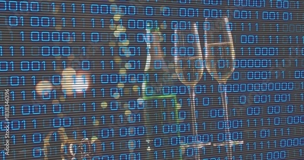 Obraz Standing two champagne flutes catching warm light on table, slatted blinds, binary code, copy space