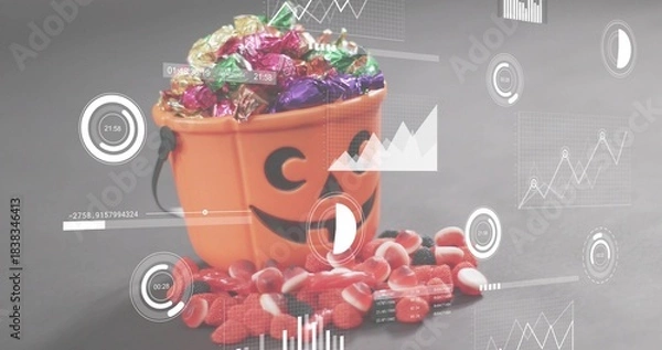Fototapeta Showing orange jack-o'-lantern bucket with black handle holding foil candies on gray tabletop, HUD