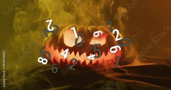 Obraz Glowing carved jack-o-lantern casting orange glow on dark cloth, with colored smoke and numerals
