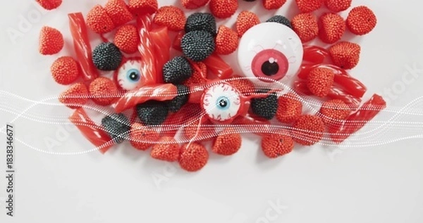 Fototapeta Showing top-down candy on white table, raspberry or blackberry, licorice, 3 eyeballs, dotted-wave