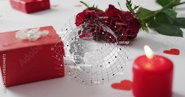 Obraz Displaying red rose lying on white tabletop, red gift box, lit candle, digital globe overlay