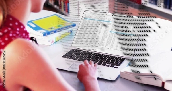 Obraz Typing teenager wearing red polka-dot top at desk with laptop and patterned shadow, copy space