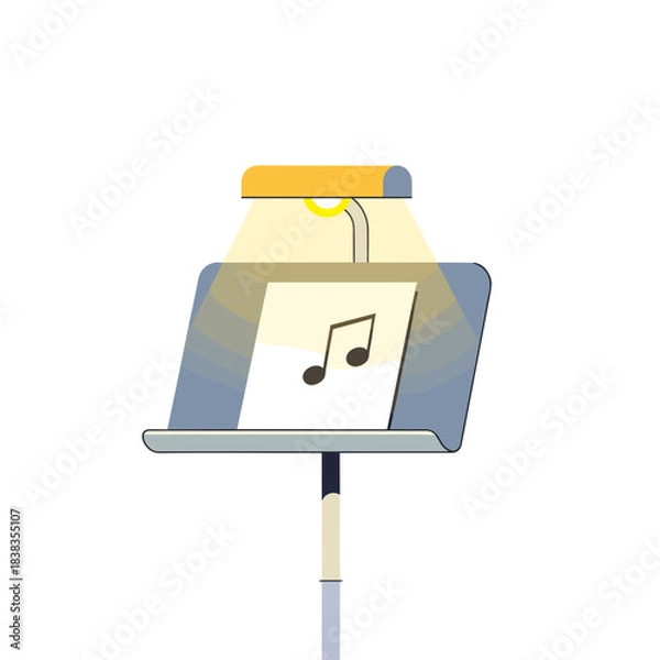 Fototapeta Music stand with sheet music illuminated by lamp in studio setting  