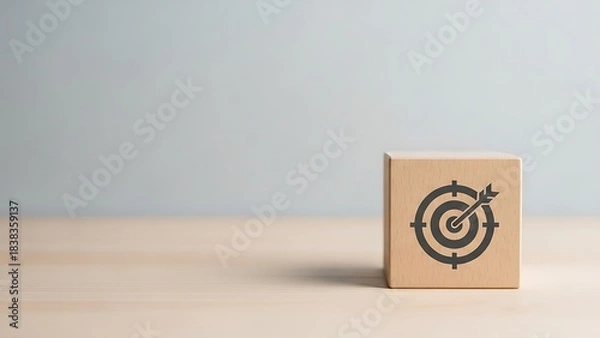 Obraz Wooden block with target icon on table for business goals and success