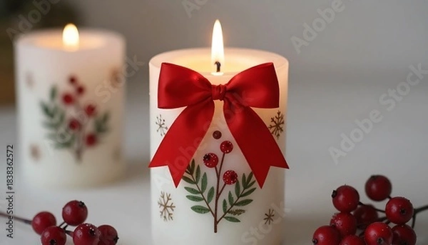Fototapeta Christmas candle with red bow and festive decorations