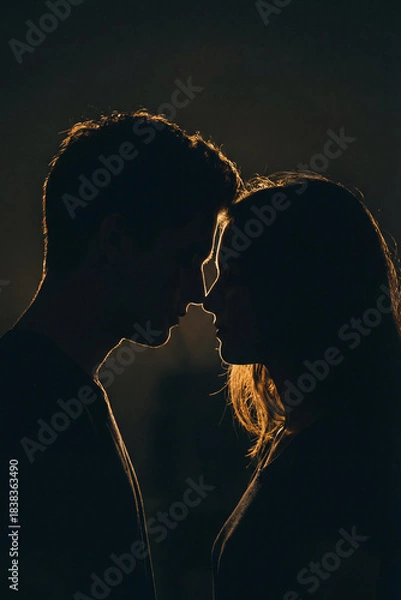 Fototapeta Silhouetted couple man and woman stands close in dramatic backlight, foreheads nearly touching. A moody, intimate moment of love, connection, and emotion captured in soft shadow and glow.