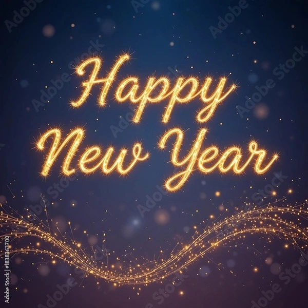 Fototapeta Happy new year sparkling text on dark blue background with glitter