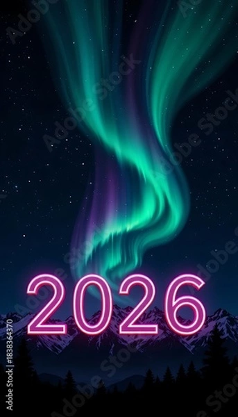 Fototapeta New year 2026 neon glow with aurora sky and snowy peaks
