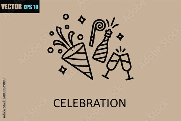 Obraz Celebration elements line art with party popper, champagne, glasses