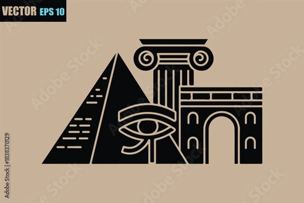 Obraz Ancient world architectural icons and cultural symbols vector art