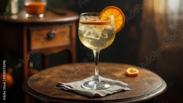 Obraz Refreshing Citrus Spritzer with Orange Garnish on Rustic Table