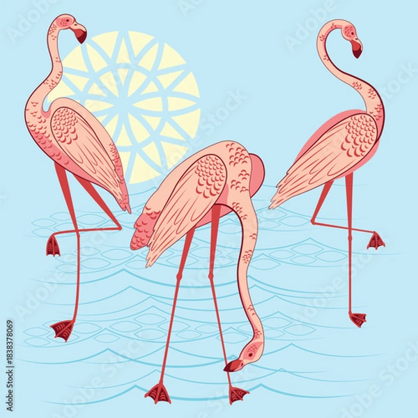 Obraz Pink flamingos vector illustration