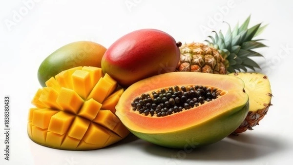 Obraz Tropical fruits arrangement on white surface