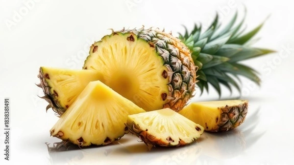 Obraz Pineapple slices and whole fruit on white surface