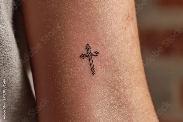 Fototapeta Embracing Faith: A close-up view shows a detailed cross tattoo on the skin, symbolizing spiritual belief and personal expression.
